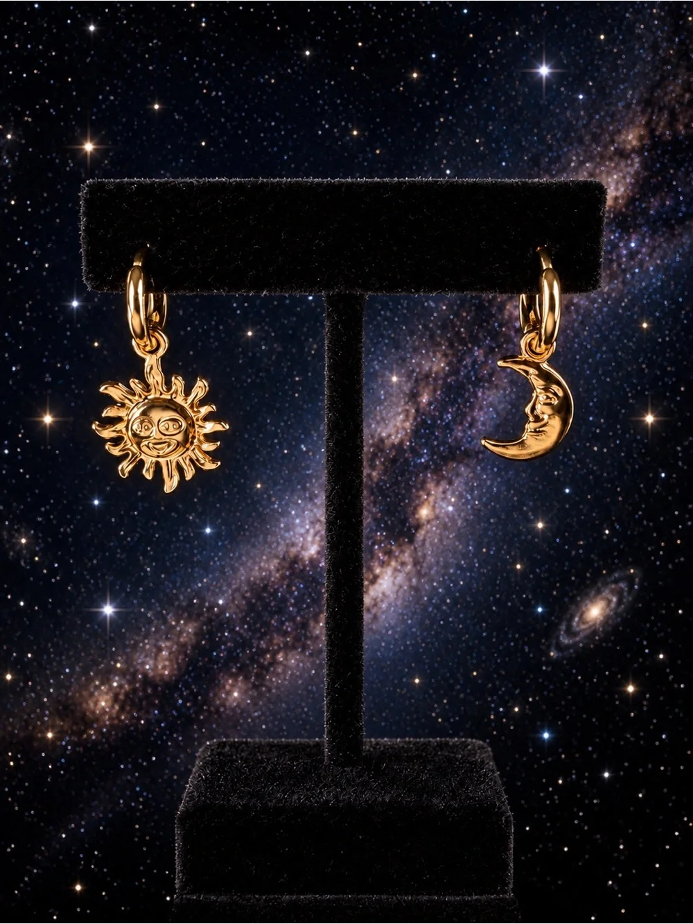 Gold Sun and Crescent Moon Charm Hoop Earrings